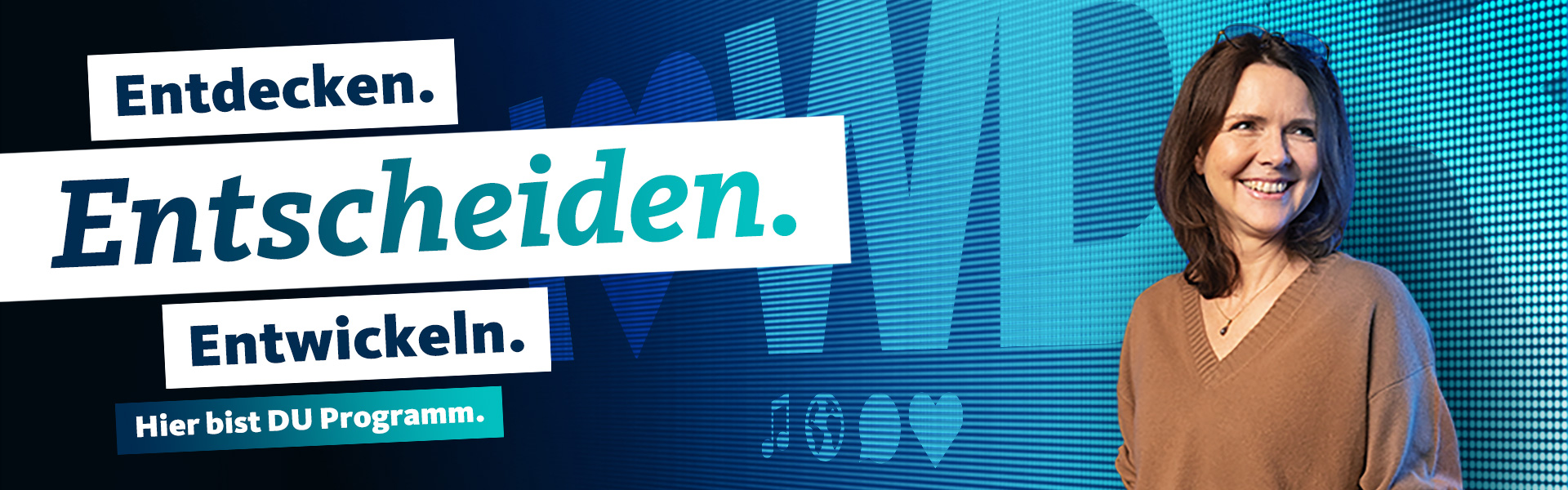 Bannergrafik Stellenausschreibung Gruppe von Menschen vor LED-Wand mit Text