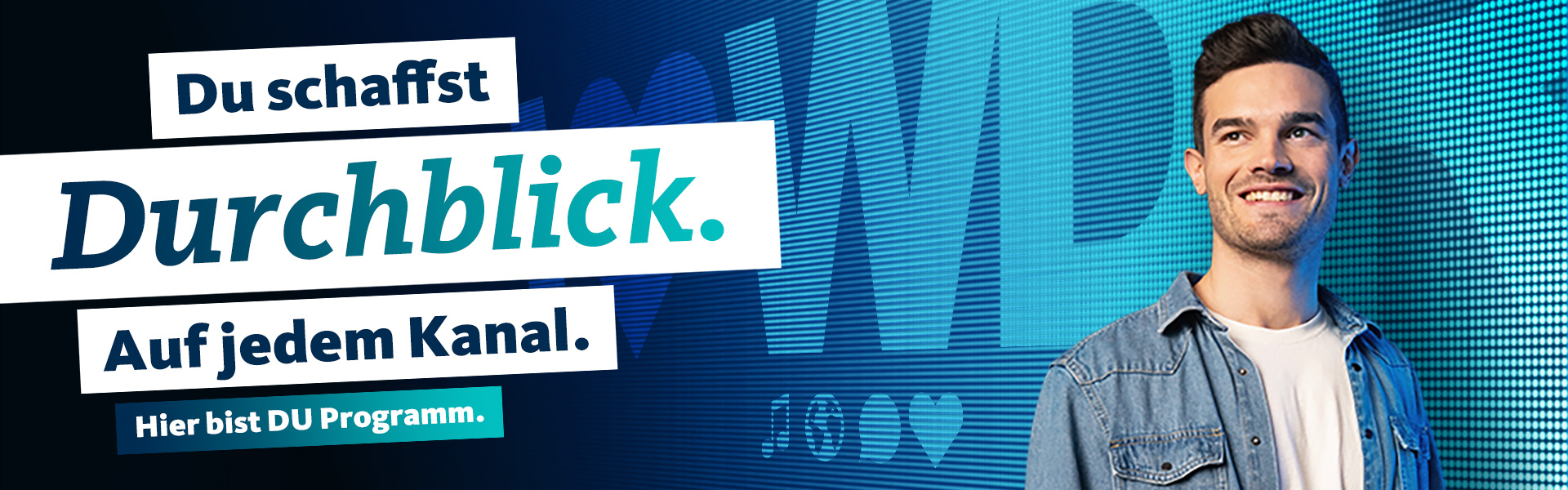 Bannergrafik Stellenausschreibung Mann vor LED-Wand mit Text