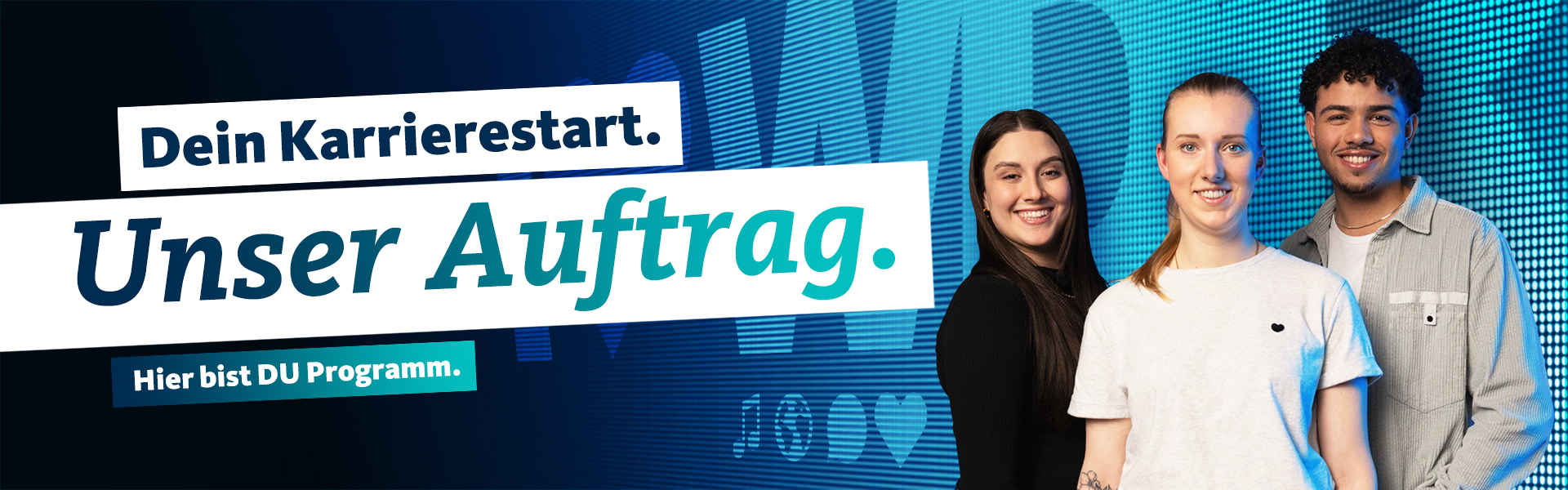 Bannergrafik Stellenausschreibung Gruppe von Menschen vor LED-Wand mit Text