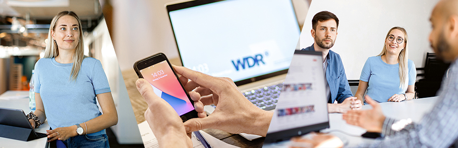 Links Frau mit Tablet, Mitte Hände, die ein Smartphone halten und Laptop im Hintergrund, rechts drei Menschen an einem Konferenztisch