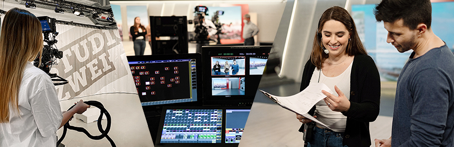 Link Frau als Kabelhilfe im Studio, Mitte Detail Studiotechnik, rechts Frau geht mit Mann den Sendeablauf durch